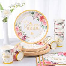 Floral Bride Disposable Plate & Napkin, 7/9 Inch Floral Bride Party Decorations Bridal Shower Plates, Napkins, Cups, Guest Tea Party Themed Decorations, Floral Party Paper Plates & Napkins, Golden Bride Shower Decorations Suitable For Bridal Shower, Bachelorette Party - Multicolor - View 4