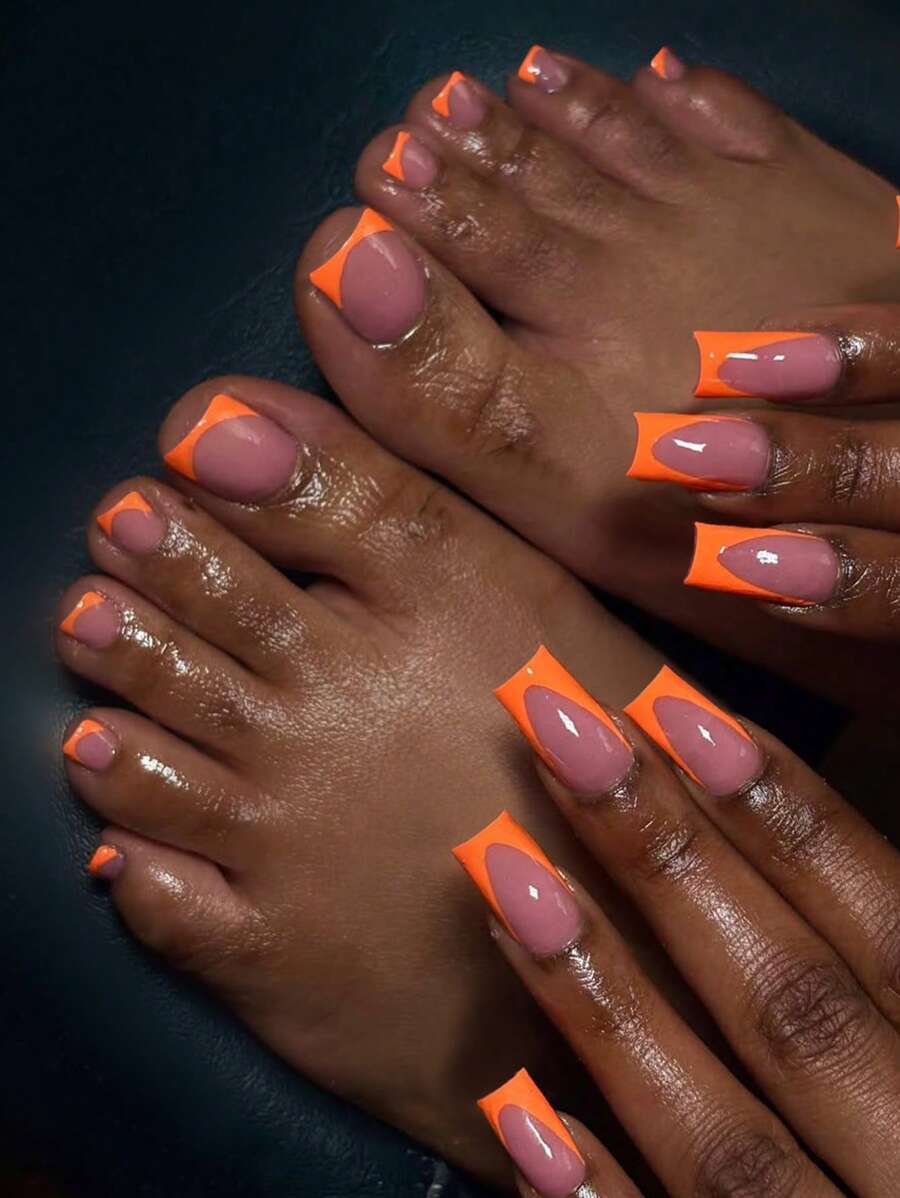 48 piezas/2 sets Uñas y Uñas de los pies falsas 2 en 1 de estilo francés cuadradas acrílicas para presionar, contienen 2 piezas de pegamento de gelatina y 2 limas de uñas, uñas falsas elegantes y minimalistas para uso diario de mujeres y niñas