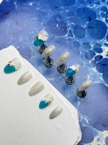 10 Unhas Curtas em Formato de Amêndoa, Design Romântico de Oceano, Estrela-do-mar 3D, Ondas de Oceano Simuladas, Unhas Clássicas Feitas por Mulheres e Meninas, com 1 Gel e 1 Lixa