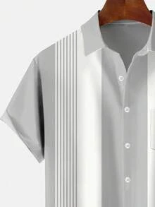 Vintage Geometric Pattern Bowling Shirt With Button Pocket Short Sleeve Shirts For Men - Light Grey - View 4