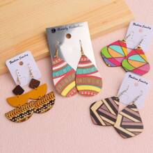 10 Pairs Boho Style Wooden Stud Earrings With Colorful Geometric Hollow Print, Suitable For Daily, Party And Gathering Wear, Random Design