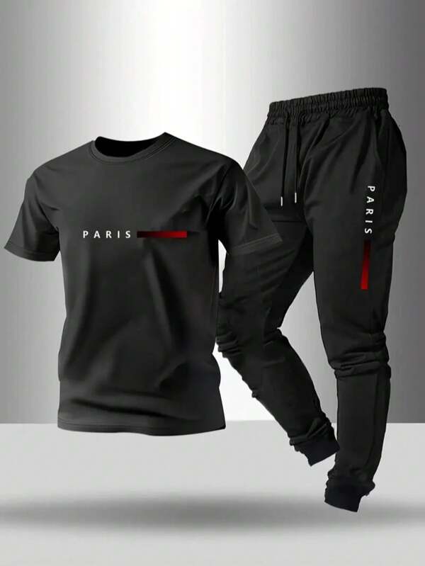 Herren Muster Rundhals Kurzarm T-Shirt und Jogginghose mit Kordelzug Freizeitanzug