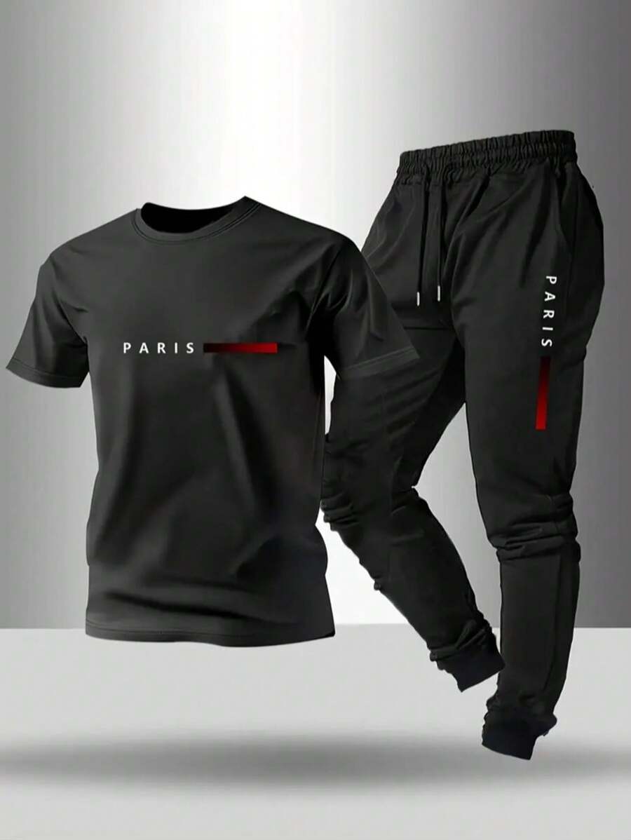 Conjunto casual de camiseta de manga corta y cuello redondo estampada y pantalones largos con cordón para hombre