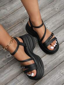Giày sandal đế xuồng cho nữ, đế dày nâng cao, giày sandal xỏ ngón cổ điển đa năng có đính đá, ngọc trai, thích hợp đi biển, nghỉ dưỡng - màu đen - Xem 4