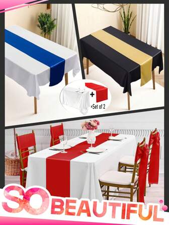 1 Set Rectangular Satin Tablecloth + 1 Set Table Runner, 57.08"X102.3", White/Black/Rose Gold, Satin Tablecloth/Chair Sash/Chair Back Decoration, Suitable For Home, Indoor, Outdoor, Picnic And Camping, Suitable For Decorating All Holidays And Formal Occasions, Applicable To Wedding/Hotel/Restaurant Party/Birthday Party/Easter/Wedding Season