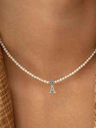 Bohemiskt rostfritt stål bokstäver initial hänge halsband gör-det-själv namn simulerade pärlor pärlhalsband för kvinnor pärlkvinna choker smycken