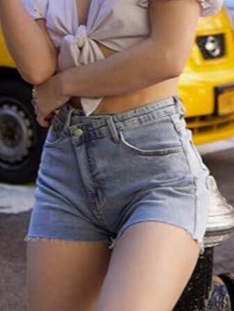 Asymmetrical Design High Waist Light Blue Denim Shorts