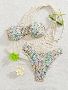 性感欧美印花比基尼，撞色条纹，波西米亚风系带和撞色饰边