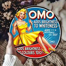 2D Flat - 1 Piece Vintage OMO Metal Sign, 8.0x8.0 Inch Round Retro Iron Plate, 1950s Advertising Element, Nostalgic Home Decor For Kitchen, Bathroom, Laundry Room, Dining Room, Bar, Cafe - Classic Distressed Yellow, No Electricity Needed, Rustic Decor | Vintage Metal Sign | Bold Font, Metal Wall Art Decor, Random Hole Style