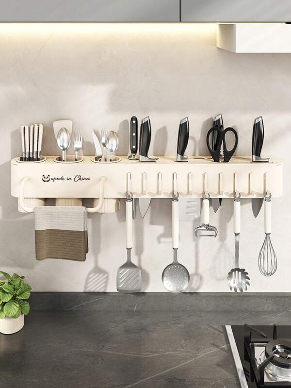 All-In-One Wall-Mounted Kitchen Knife Rack & Organizer, Multifunction Knife Block Set, No-Drill Utensil Storage Shelf, Suitable For Kitchen & Dining Room, Removable Anti-Mildew Cutting Board Slot + Cookware Hooks