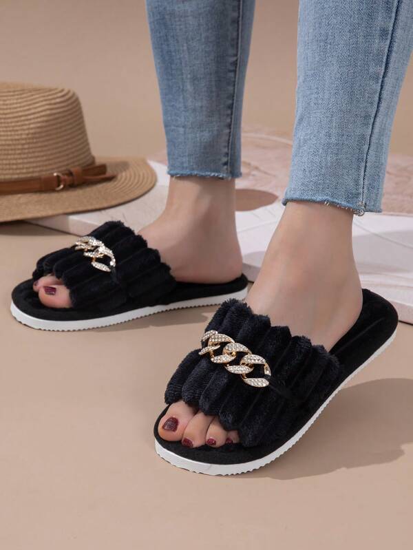 Women's New Open Toe Slippers, Comfortable Indoor Home Quiet Corduroy Material With Buckle Decoration, Couples Bedroom Slip-On Sandals