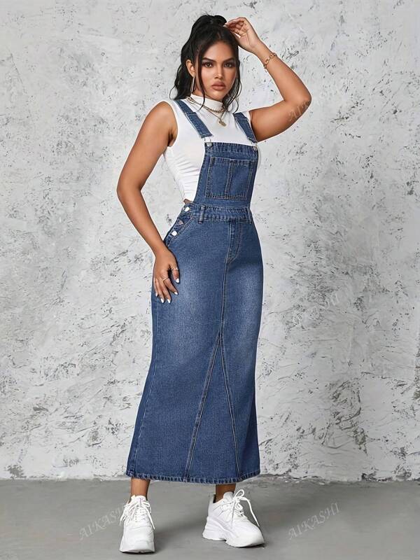 Women Casual Denim Strap Dress, Loose Comfortable Multifunctional Long Dress With Multiple Buttons And Detachable Straps, Versatile And Slimming