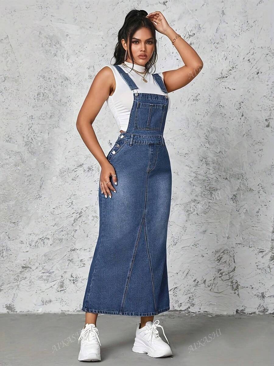 Women Casual Denim Strap Dress, Loose Comfortable Multifunctional Long Dress With Multiple Buttons And Detachable Straps, Versatile And Slimming