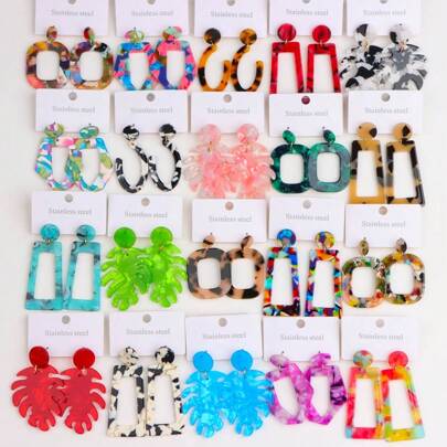 10 Pairs/Pack Bohemian Style Women Acrylic Earrings, Colorful Geometric Hollow Leaf Pendant Earrings, Random Styles For Party, Travel, Jewelry Gift