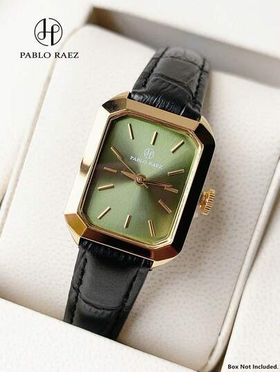 Pablo Raez 1pc 18K Gold Women's Watch, Luxury Summer Accessory, Ladies Wristwatch, Popular Brand New AAA Grade Women's Wristwatch, High-Quality Women's Super Soft Breathable Leather Strap, Fashionable Green Rectangular Dial Wristwatch, 50M Stainless Steel Waterproof