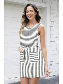 Womens Summer Striped Dresses Casual Sleeveless Shirt Dress Drawstring Waist Sundress With Pockets - Blue - View 6