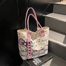 Sanrio Hello Kitty Cartoon Cute Canvas Bag, Portable Large Capacity Student Carrying Shoulder Bag, Cute Commuting Tote Bag, Suitable For Work, Travel, School, Daily Use