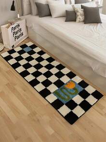 Tapete Estilo Xadrez Preto e Branco Semelhante à Lã, Carpete Estilo Francês Quadriculado para Quarto, Sala de Estar, Sofá, Mesa de Centro, Entrada, Antiderrapante, Lavável na Máquina, Capacho de Poliéster para Uso Interno/Externo, Retângulo