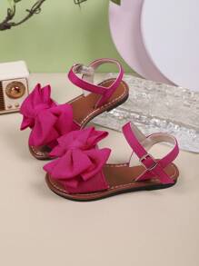 1 Pair Girls Solid Color Flat Sandals With Buckle And Bow Design, Fashionable For Summer Outdoor Wear