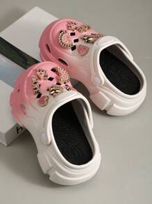 1 par de sandalias gruesas con base de EVA impermeable y antideslizante, con decoración de conejo bañada en oro, puntera redonda y degradado de color rosa y blanco, apropiadas para el verano, para niñas