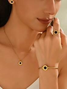 5 件欧美风格不锈钢手链、戒指、项链、耳环首饰套装，时尚日常佩戴 - 金色 - 查看 3