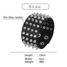 Brazalete de cuero negro exagerado con remaches, brazalete de remaches con picos, brazalete gótico punk de motocicleta, brazalete de cuero ancho, brazalete de puño, brazalete de hebilla metálica, unisex - Negro - Ver 2