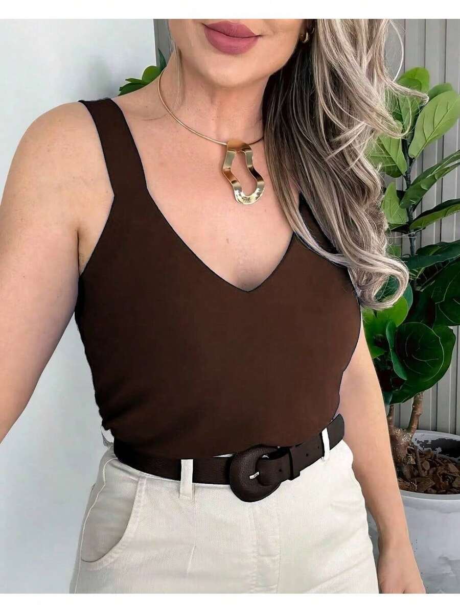 WOMEN'S BLOUSE WITH THICK WIDE STRAPS, SIMPLE, CASUAL, BASIC V-NECK TANK TOP - Mocha Brown - View 1