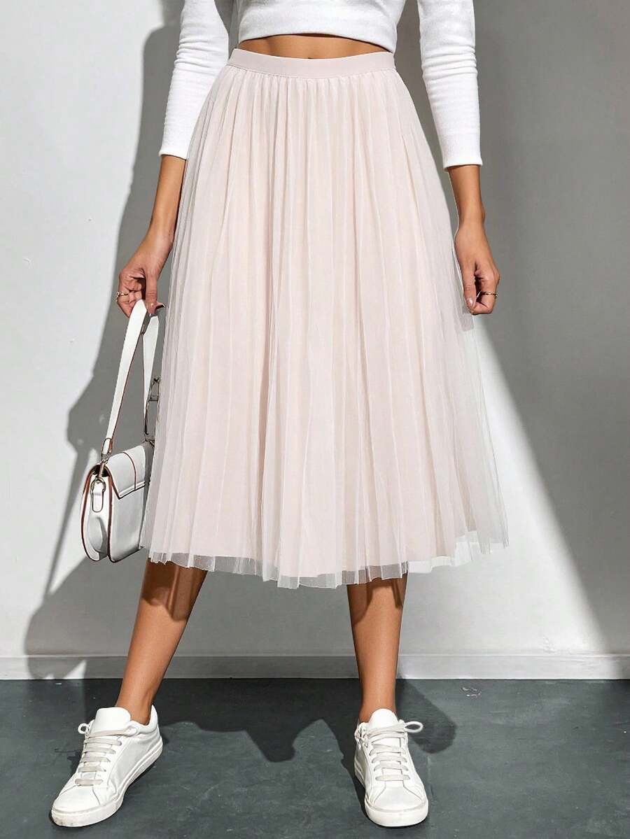 Falda midi dama mujer tejido mesh gllitter suave decorativo pretina elástica bajo recto semi plisado cómodo girly chic día noche fiesta concierto vacaciones calor primavera verano calle concierto cumpleaños - Rosa Pálido - Ver 1