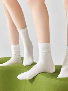 1/4 Pair White Simple Women Breathable Moisture-Wicking Casual Mid-Calf Socks For Spring/Summer, Fall