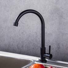 1 Pezzo Rubinetto da cucina in acciaio inossidabile - Rubinetto singolo a freddo montato sul piano, rotazione a 360°, maniglia singola, aeratore a risparmio energetico, finitura nera resistente alla ruggine, facile installazione per lavandino/top, installazione da piano, design contemporaneo