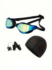 4 件套黑色硅胶电镀游泳镜套装，适合成人 - 高级 PC 材质 - 包括镜片、泳帽、鼻夹、耳塞 - 男女专业游泳装备