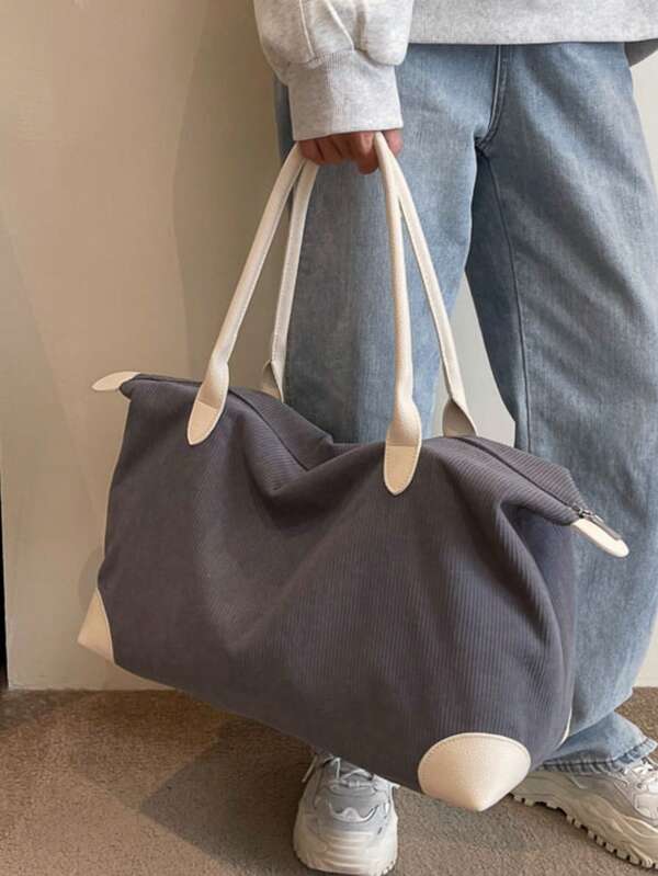 A Solid Color Corduroy Casual Minimalist Style Large Capacity Foldable Zipper Hand-Held Shoulder Tote Bag Suitable For Women's Daily Commuting, Shopping, Travel, Vacation, Mommy Storage Bag Large Capacity Travel Bag, Fitness Bag, Handbag, Casual Shoulder Tote Bag