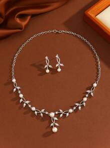 3pcs Crystal Leaf Women Jewelry Set - Earrings And Necklace, Elegant For Formal Occasions
