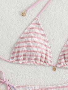 Ladies Summer Beach Striped Lace Up Bikini Top, Popular Swimwear In Europe And America - Baby Pink - View 2