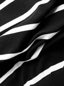 男士休闲黑白条纹针织短袖T恤 - 黑色 - 查看 6