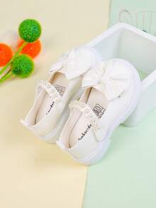 1 Pair Girls Bow-Knot PU Leather Princess Shoes With Hook And Loop Design, Suitable For Spring And Autumn - Beige - View 1