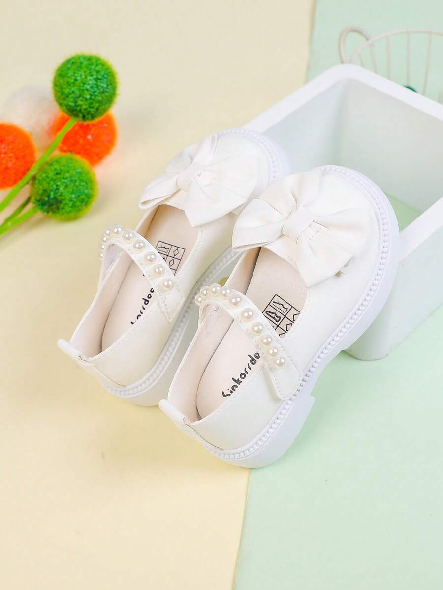 1 Pair Girls Bow-Knot PU Leather Princess Shoes With Hook And Loop Design, Suitable For Spring And Autumn - Beige - View 1