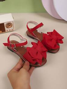 1 par de sandalias planas de color liso con diseño de lazo, de moda para uso al aire libre en verano para niñas - Rojo - Ver 7