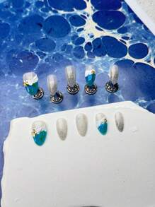 10 Unhas Curtas em Formato de Amêndoa, Design Romântico de Oceano, Estrela-do-mar 3D, Ondas de Oceano Simuladas, Unhas Clássicas Feitas por Mulheres e Meninas, com 1 Gel e 1 Lixa