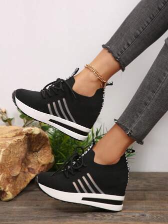 秋冬女式坡跟运动鞋 2025 夏季新款黑色厚底运动鞋女式网眼透气一脚蹬运动鞋妈妈款