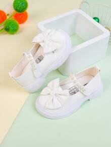 1 Pair Girls Bow-Knot PU Leather Princess Shoes With Hook And Loop Design, Suitable For Spring And Autumn - Beige - View 2