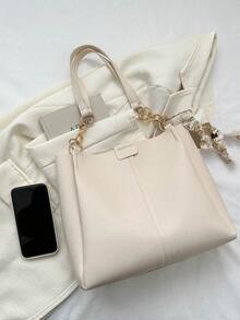Chain Decor Square Bag Double Handle PU - Beige - View 4