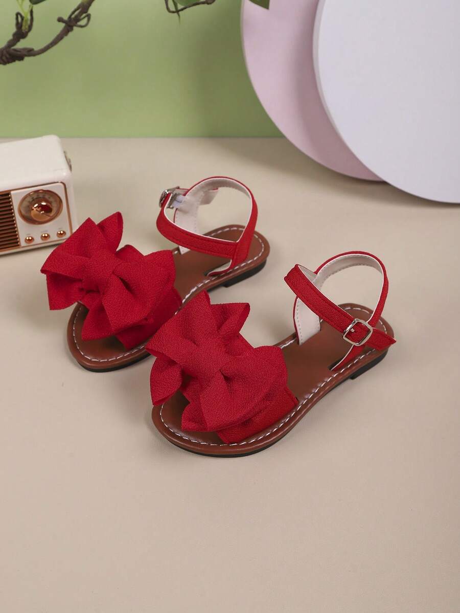 1 par de sandalias planas de color liso con diseño de lazo, de moda para uso al aire libre en verano para niñas - Rojo - Ver 1
