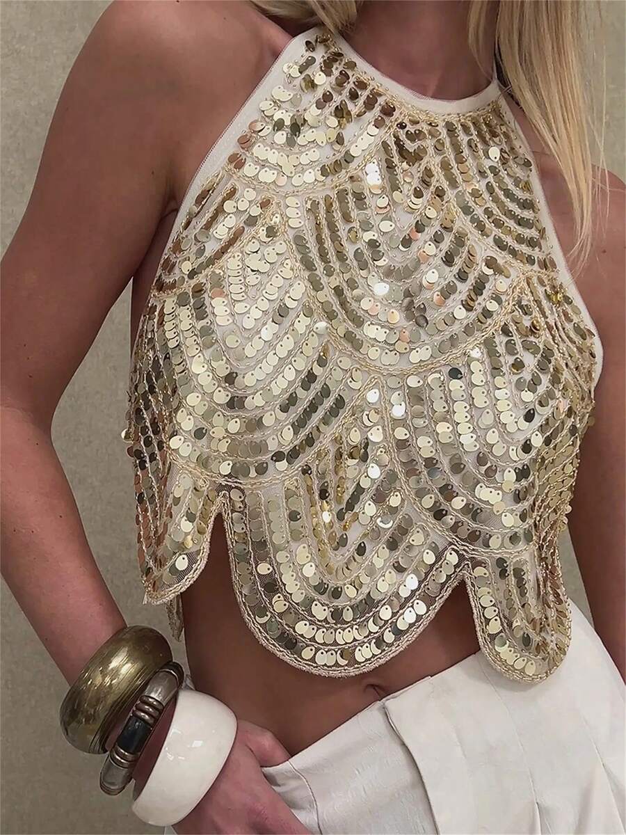 Womens Halter Sequin Tank Top Backless Tie Up Sparkly Crop Top Sleeveless Glitter Party Tops Clubwear - Vàng - Xem 1