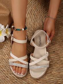 Handwoven Rhinestone Strap Comfortable Trade Women Flat Sandals - Beige - View 1