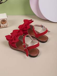 1 par de sandalias planas de color liso con diseño de lazo, de moda para uso al aire libre en verano para niñas - Rojo - Ver 5