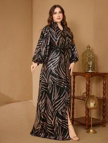 SUPGIR Plus Size V-Neck Lantern Sleeve Sequin Formal Evening Gown, Party Dress, Wedding Guest Dress, Maxi Dress, Autumn Women Clothing Vacation - Gold - View 6
