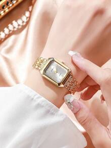 4 件女士时尚休闲石英腕表套装，配有方形罗马数字表盘和钢表带，优雅简约（套装不包括表盒）