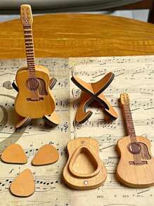 1 peça de palhetas de guitarra, caixa de palhetas em formato de guitarra, estojo de madeira personalizado, inclui 3 palhetas, adequado para guitarra, baixo, ukulele, cor de madeira natural