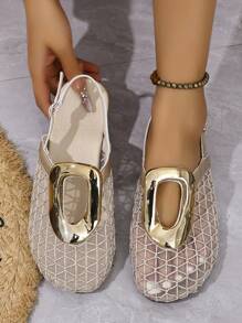 Women's Summer New Headscarf Mesh Circle Buckle Woven Flat Sandals, Fashion Versatile Breathable Slip-On Vacation Slippers